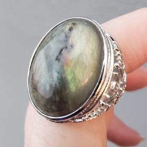 New Men's Labradorite Adjustable 925 Silver Ring.